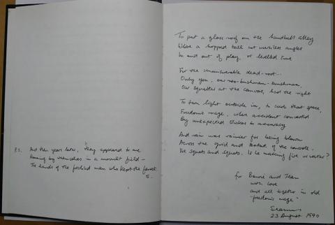 Two poems by Seamus Heaney, inscribed in the guest book of Barrie Cooke and Jean Valentine, 23 August 1990. Credit: The Heaney Estate. 