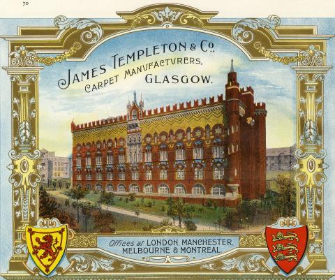 Advertisement for James Templeton & Co Carpet Manufacturers featuring their Glasgow factory