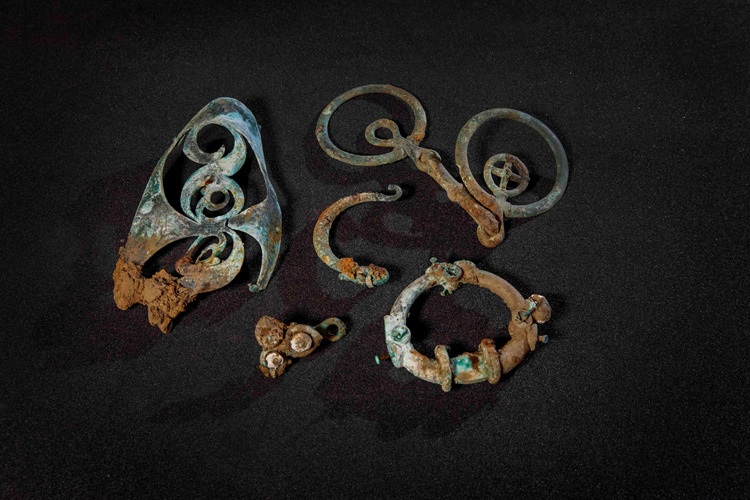 Several intricate metal objects on a black background