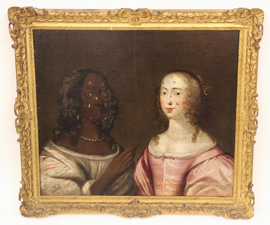 Painting of two women in 17th century dress against a brown background, in a gold frame