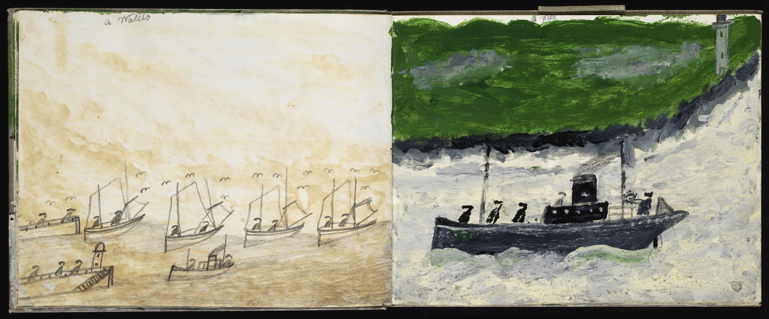 Scans of a sketchbook showing drawings of boats on the sea