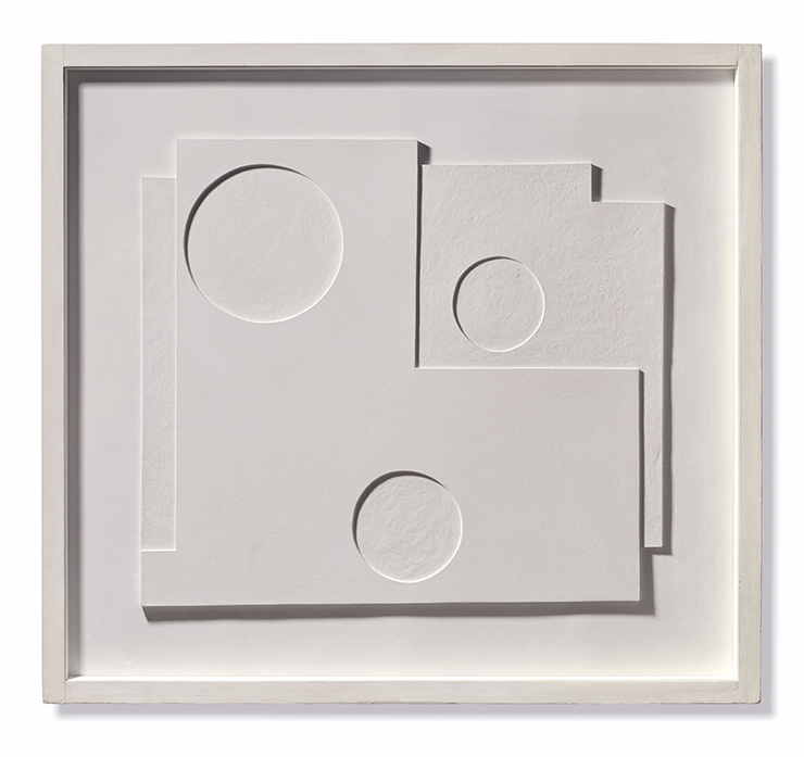 Square white artwork with shapes including circles