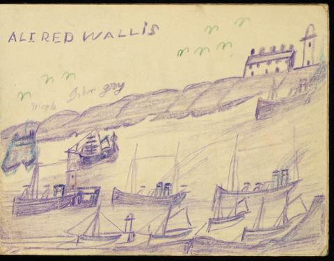 Scan of sketchbook with drawings of board on the sea with lighthouse on land in distance