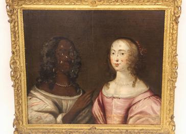 English School, Allegorical Painting of Two Ladies, circa 1650, in its frame