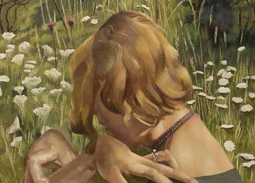 Detail from a painting - a woman fits in a field with her head turned to the side